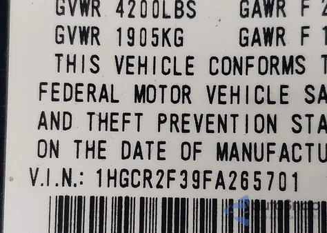 2015 Honda Accord Lx z USA, uszkodzony, nr VIN 1HGCR2F39FA265701